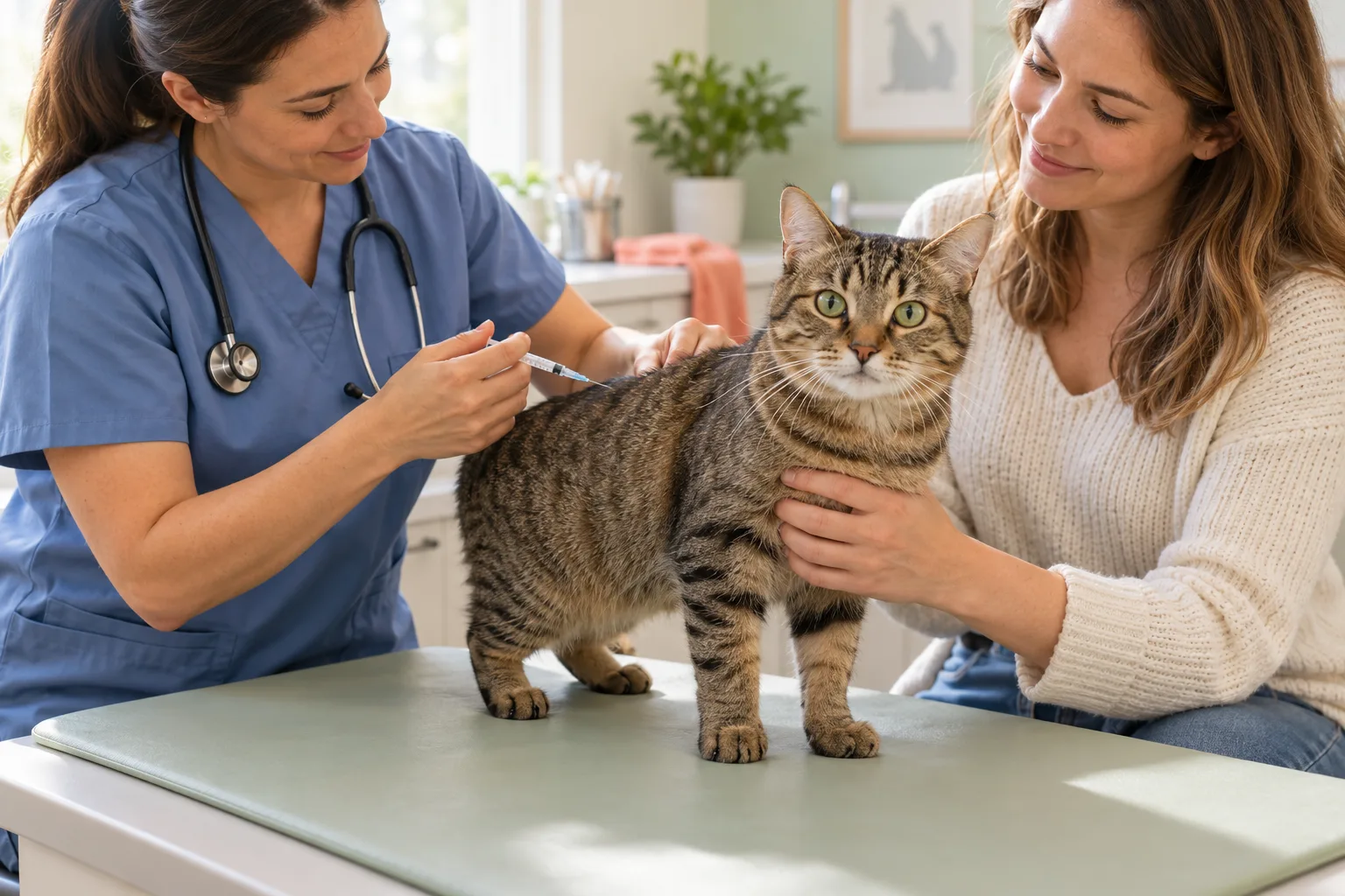 Veterinary professional attending to a tabby cat with its owner present